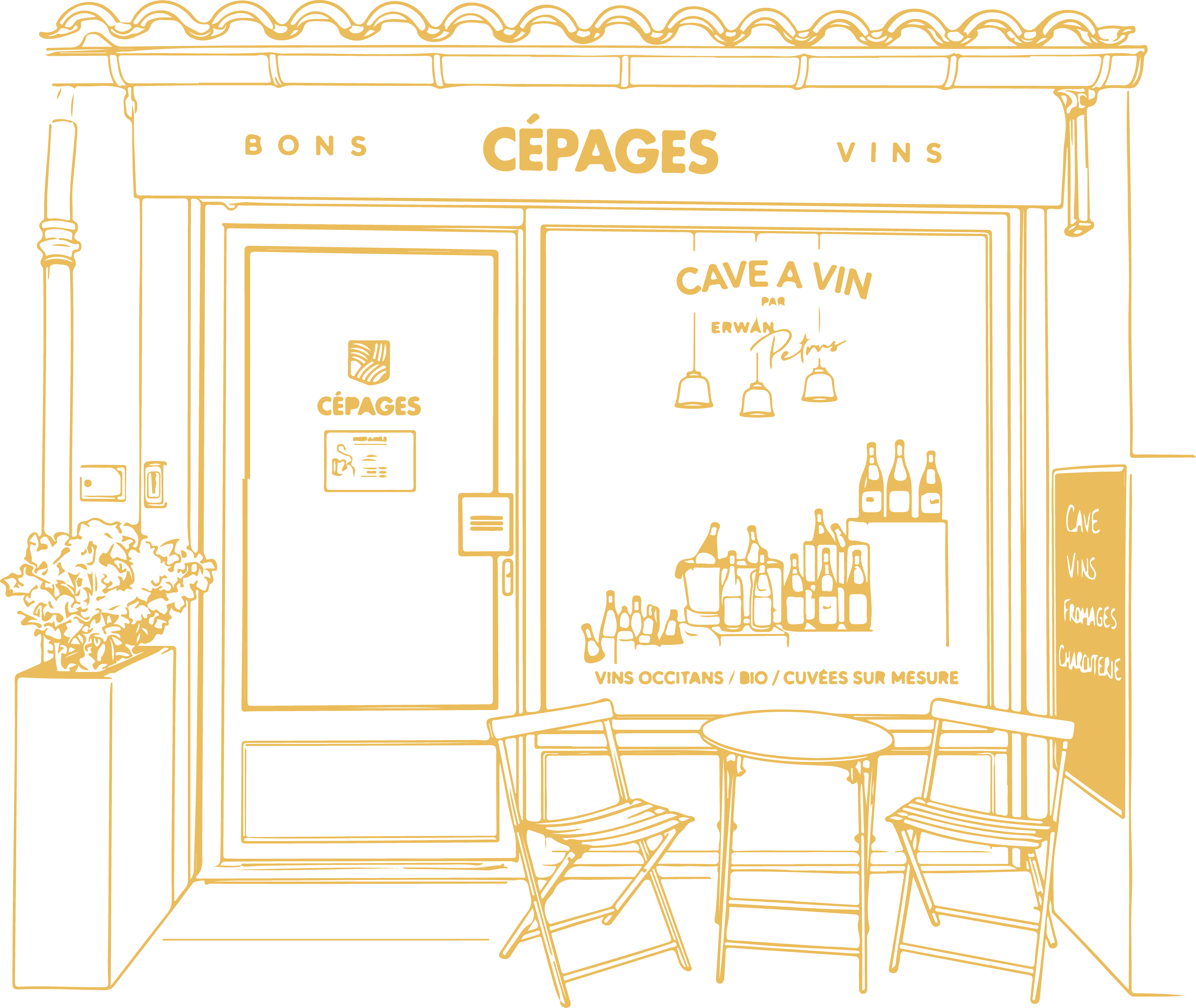 Illustration de la devanture Cépages — Bons Cépages Vins, cave à vin par Erwan Petrus